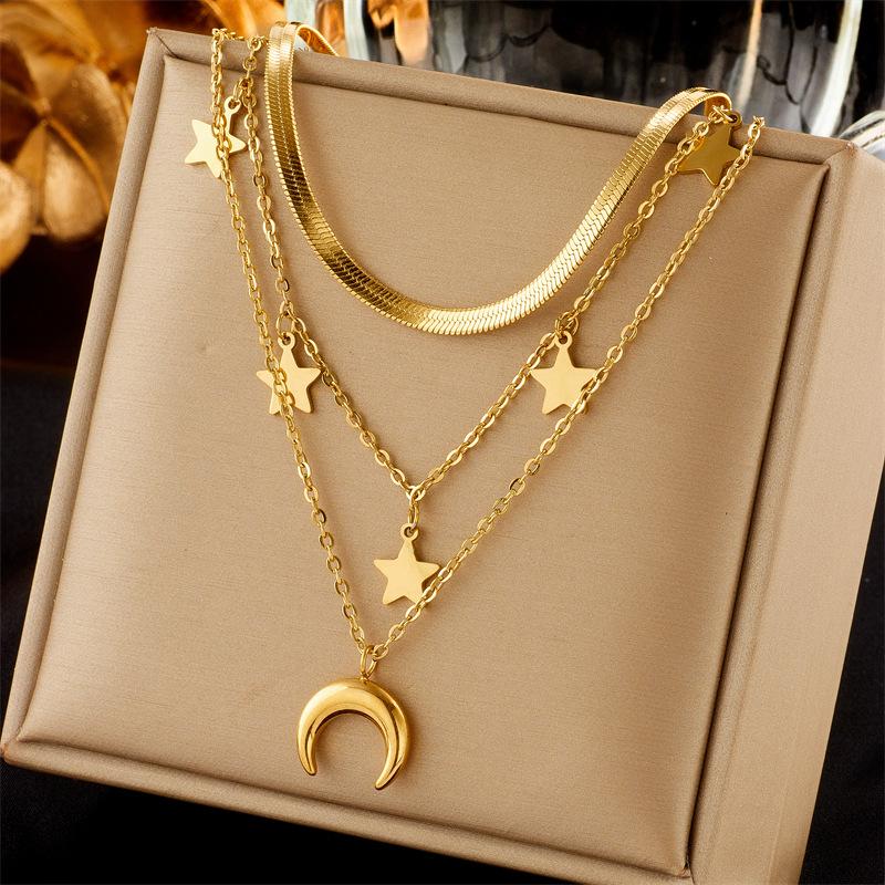 

Fashion Three Layer Layered Titanium Steel Chain Star Moon Pendant Retro Minimalist Versatile Necklace