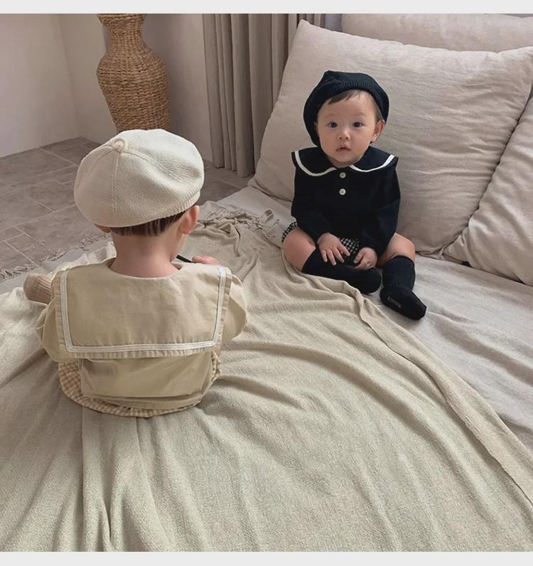 2024 Autumn Korean Navy Plaid Top & Shorts Set for Boys and Girls