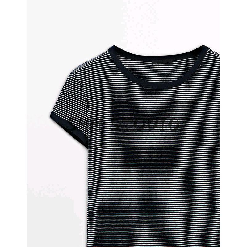 MD Spring/Summer New Arrival Women's Clothing Casual Preppy Style Comfortable Cotton Contrast Color Stripes round Neck Short Sleeve T-shirt 6205545