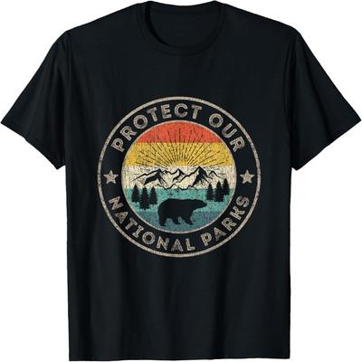 Protect Our National Parks Retro Hiking T-Shirt - Men, Unisex-Adults - Black - Short Sleeve - Classic Fit - Small