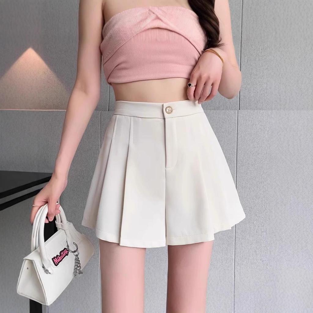 Women's High Waist Pleated A-Line Wide-Leg Shorts - Large Size, Black, Summer Versatile Skirt-Style Pants