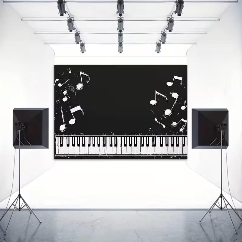 2D Blackboard Music Theme Backdrop Piano Keys and Notes for Musician Party Background