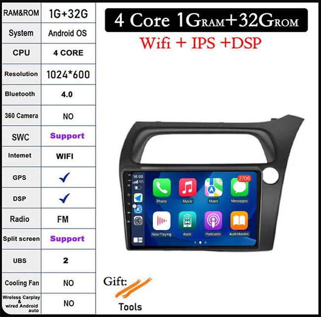 

9-дюймовый Android 14 для Honda Civic Хэтчбек 2006-2011 Автомагнитола Плеер Видео Мультимедиа Carplay IPS DPS Навигация DSP Экран