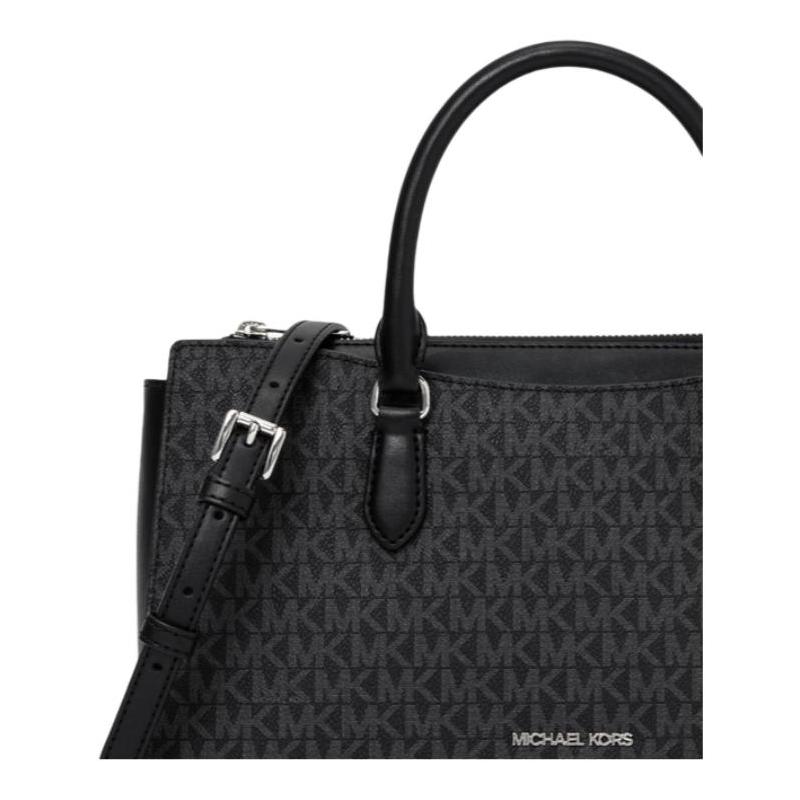 Michael Kors ARDEN Brand Letters All Over Printed Coated Canvas Shoulder Handbag Medium Size Women's Black