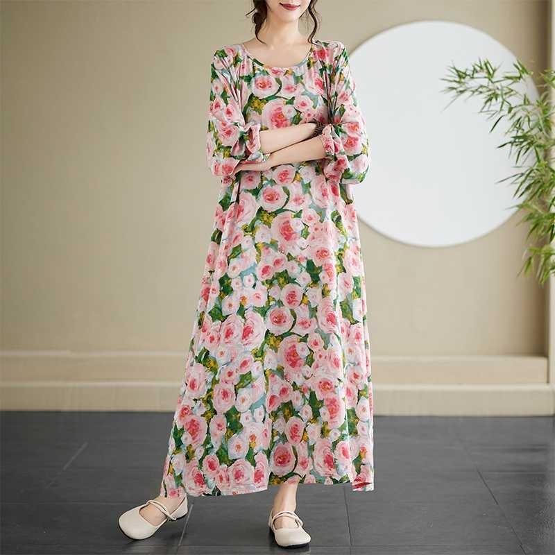 

New Retro Long Sleeve Age Reducing Plus Size Casual Long Dresses One Size