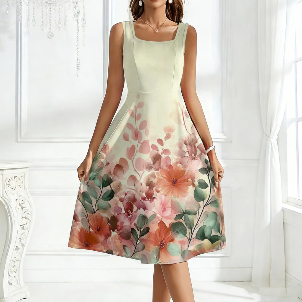 Ladies' Square Neck Floral Sleeveless Dress with a Large Swing