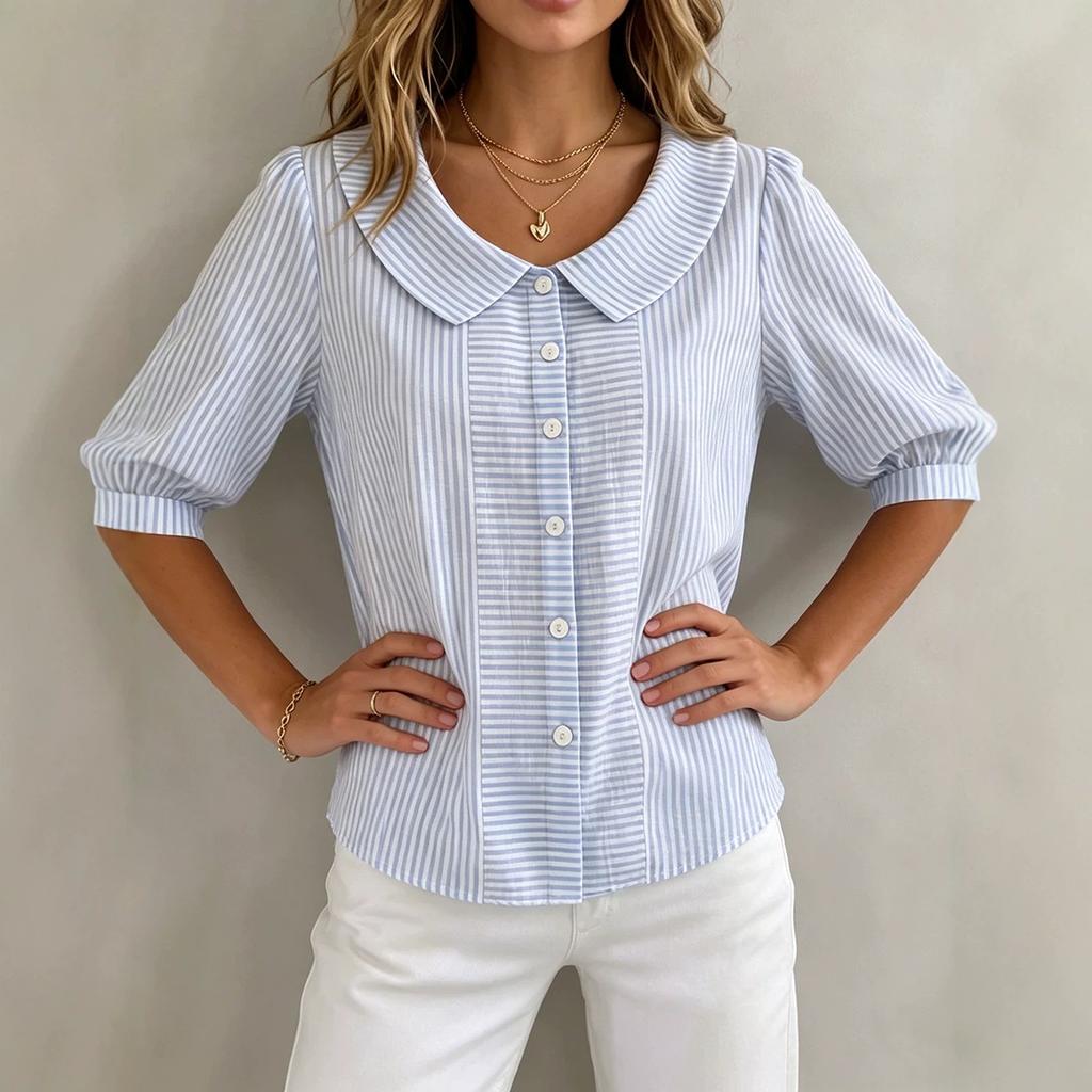 Women's Peter Pan Collar Puff Short Sleeve Vertical Stripe Single Breasted Loose Casual Blouse Shirt
