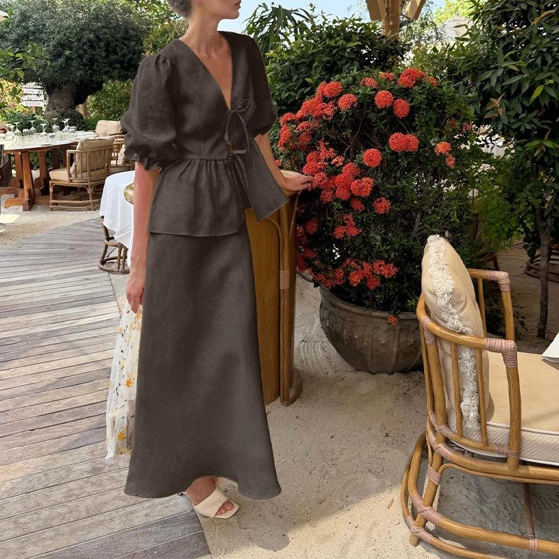 2026 Women's Spring New, Amazon Cross-border Europe and the United States, Fashionable and Elegant Solid Color V-neck Lace-up Dress Set