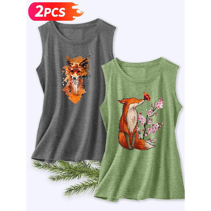 Follow a Specific Direction Two-piece Women's Vest Set Watercolor Fox and Cherry Blossom Vintage Print Elegant Summer Clothing Sleeveless Vest
