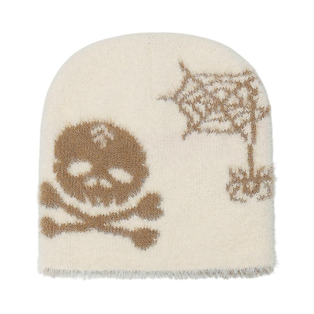 TEMU Warm Cold Hats Men's and Women's Skulls Spider Webs Plush Mink Knitted Hats Halloween