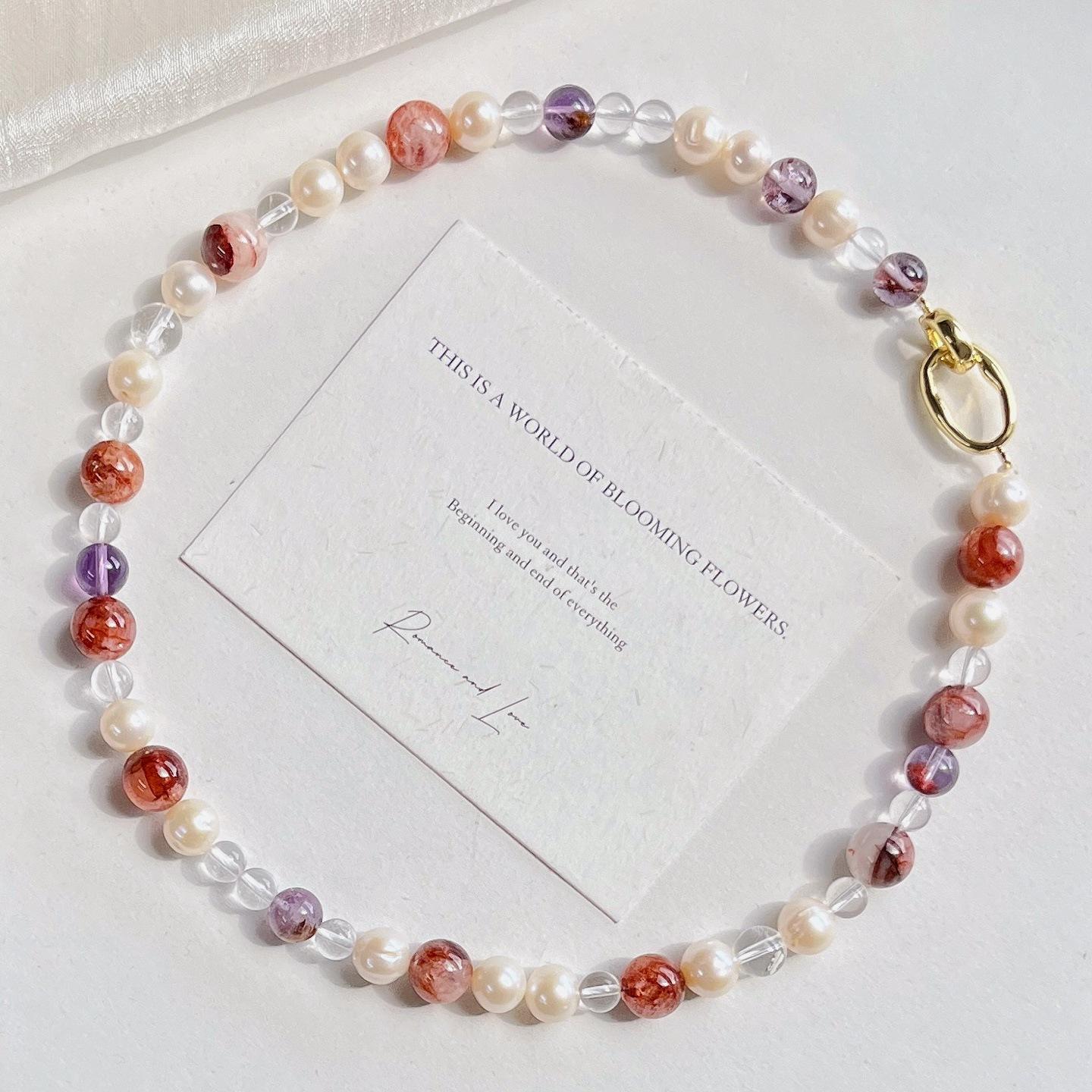 925 Silver High Quality Natural White Crystal Black Gold Super Seven Strawberry Crystal Pearl Design Necklace Clavicle Chain