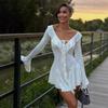 Spot European and American 2026 Autumn Temperament Slim Ruffle Edge Solid Color Horn Long Sleeve Strap Dress Women