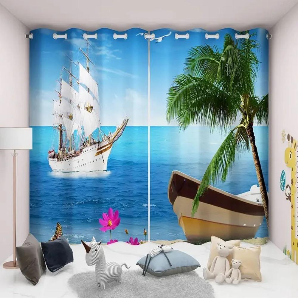 Quality 2 panels Landscape Sea Beach Seagull Printed Drapes Rod Pocket Design Easy To Install Curtains Washable Drapes For Living Room