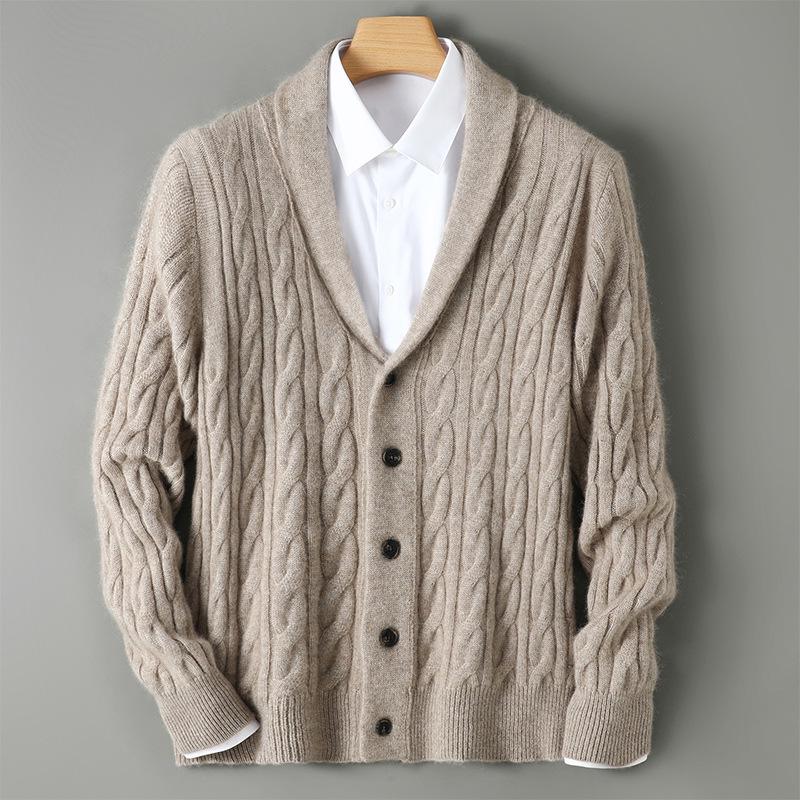 Men's Thick Cable Knit Wool Cardigan Sweater - Camel