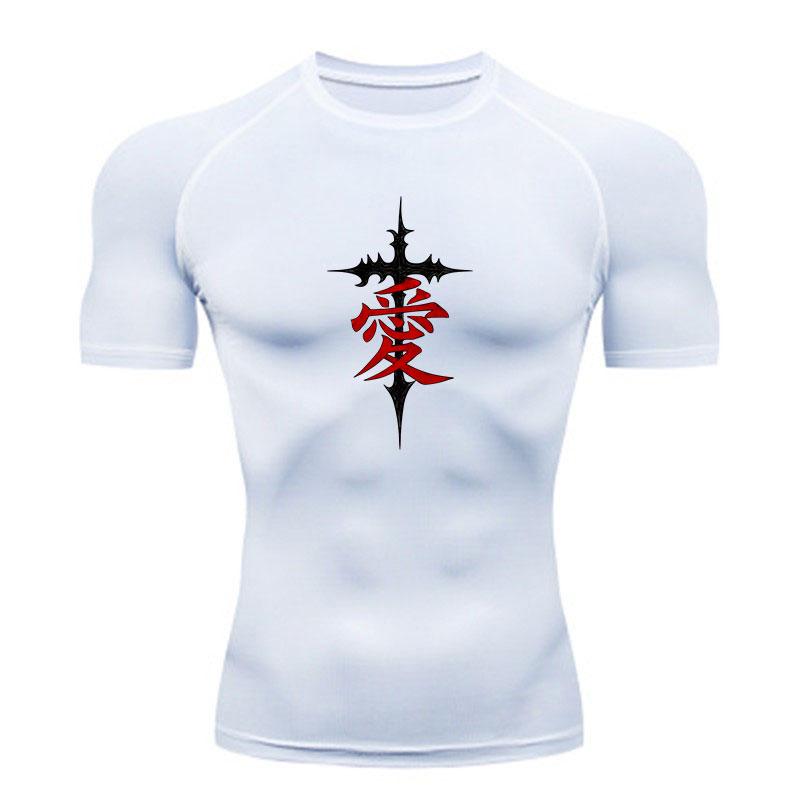 Men's Quick Dry Compression Workout T-Shirt, Gothic Cross Love Character Printed Athletic Short Sleeve Top for Gym Running Training Active Wear