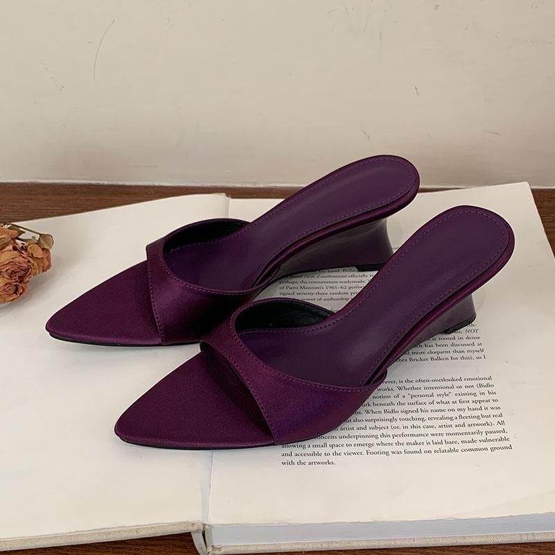 Fashion Fashion Pointed Toe Ladies Wedges Slippers Shoes Footwear Shallow Women Wedges Heeled Slides Slippers Sandals Female Pumps
