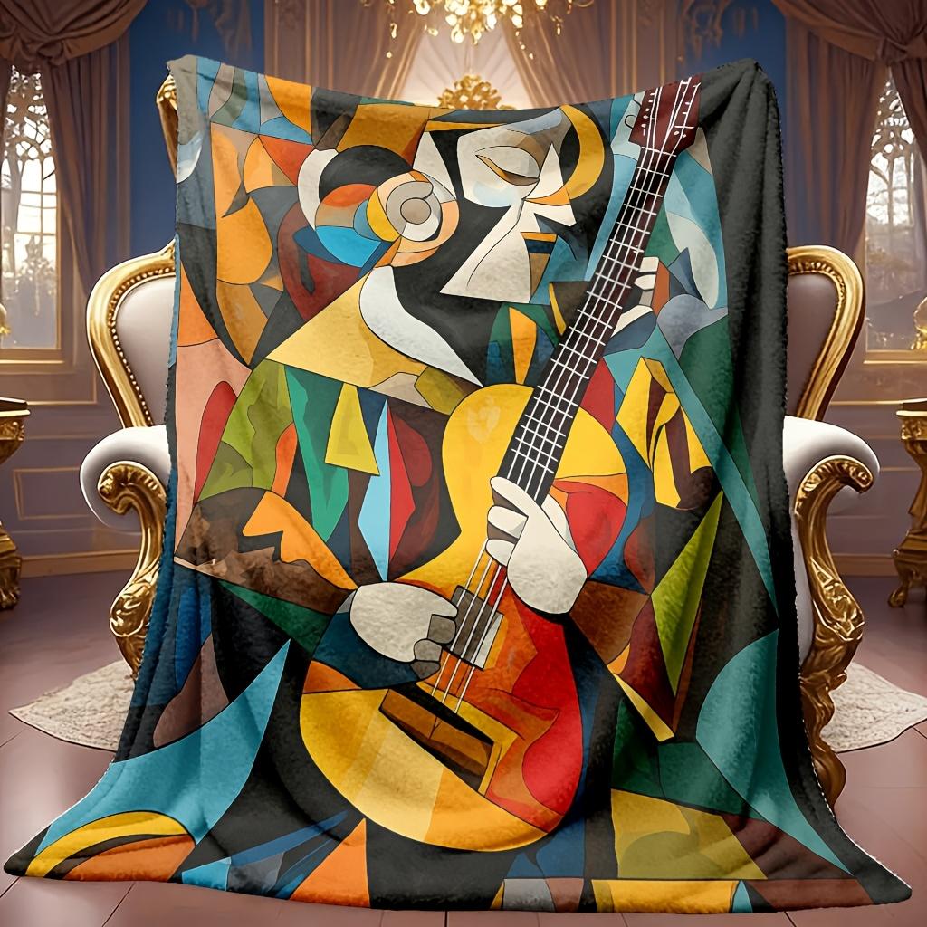 Cozy Flannel Blanket Featuring an Abstract Art Theme with a Vibrant Geometric Guitar Design. This Soft, High-Definition Digital Print Blanket Is Suita