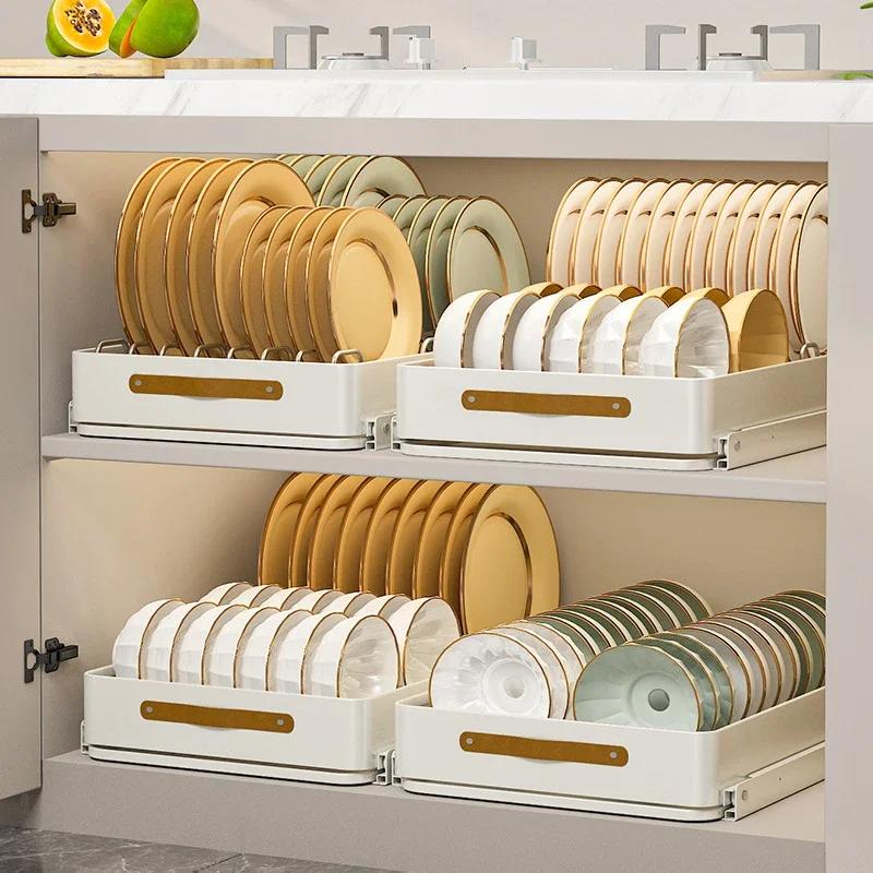 Kitchen Sliding Dish Bowl Storage Rack Cabinets Drawers  Drying Rack Kitchen Organizer Sink Tableware Accessories