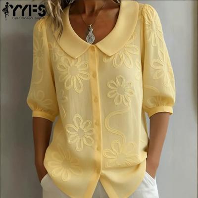 Women's Fashion Casual Summer Spring Flower Pattern Print Short Sleeve POLO Neck Blouses & Shirts