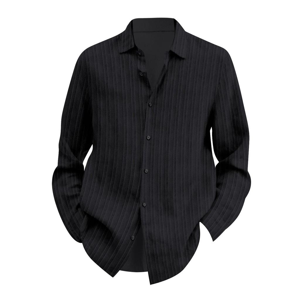 Four Seasons Long Sleeve Lapel Loose Button Cotton Stripe Cardigan Shirt Man