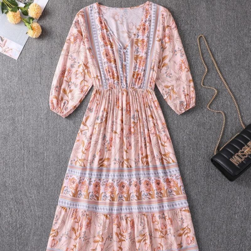 

Длинное платье А-силуэта в стиле бохо, женское платье с высокой талией L абрикосовый