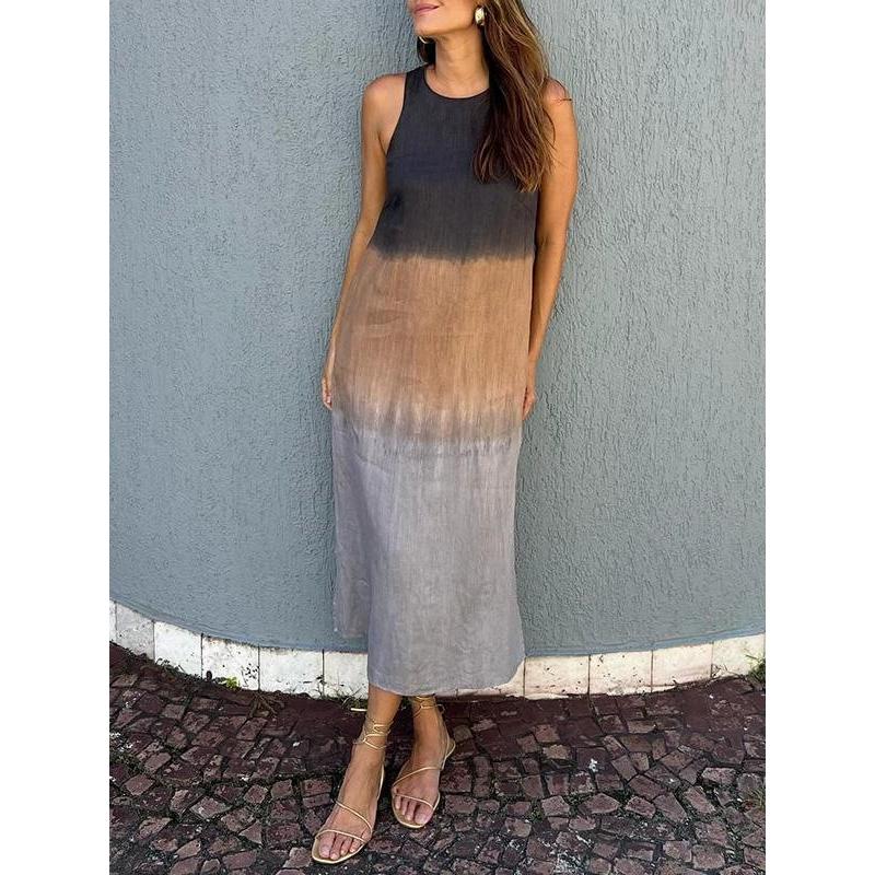 Women's Spring Cotton Linen Midi Dress, Gradient Color Sleeveless Side Slit Loose Casual Daily Vacation Dress