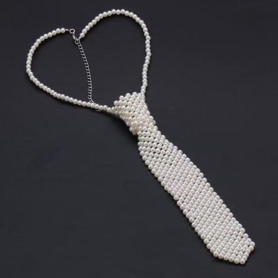 Women Necktie, Faux Pearls Wedding Guest Tie, Decorative Business Suit Tie, Outfit Accessory for Formal Events