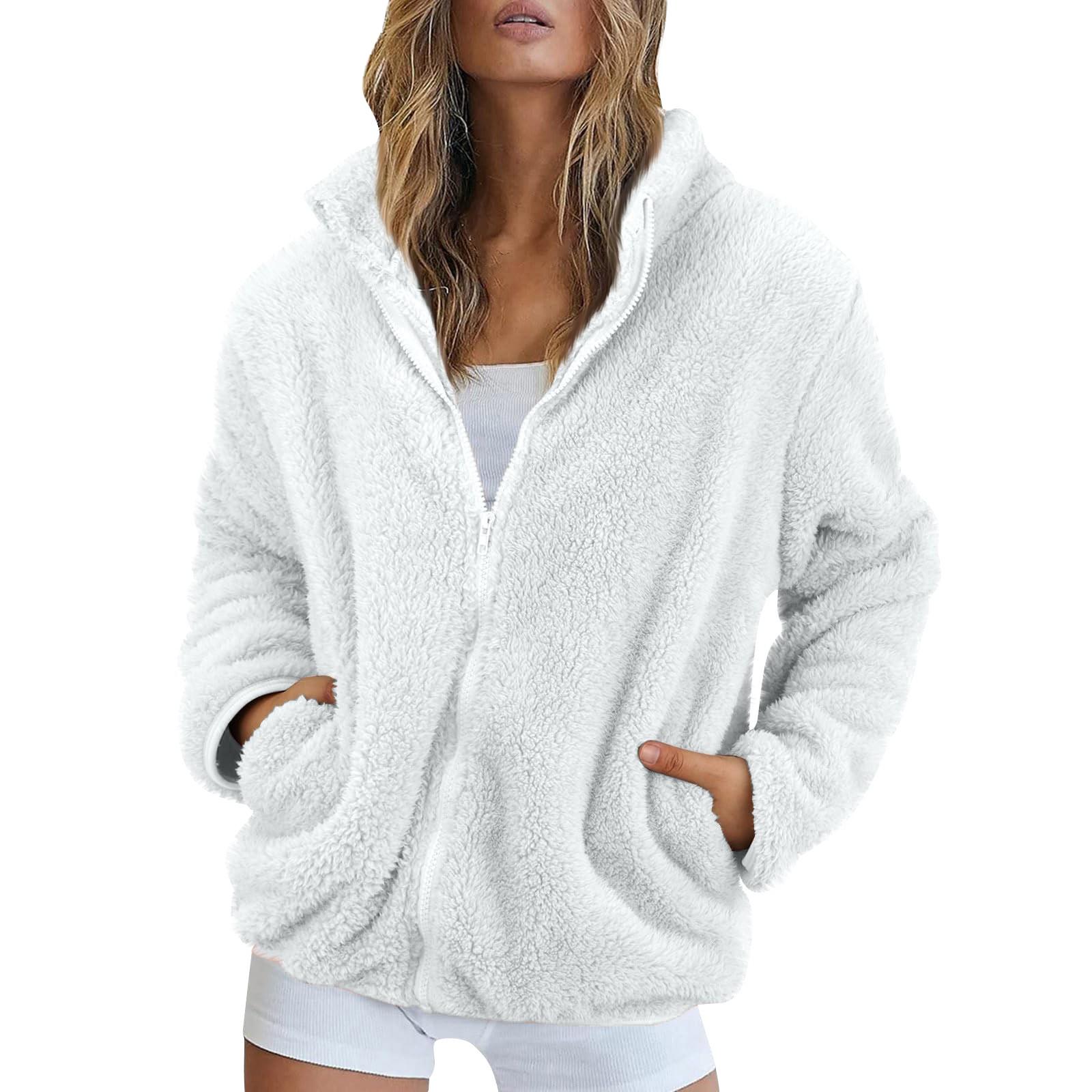 

Жіноча однотонна модна зимова вільна довга флісова тепла плюшева куртка на блискавці з високим горлом M білий