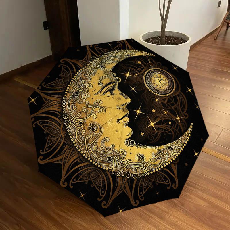 1PC Moon, Clock Pattern Small Travel Compact Windproof Umbrella, Automatic Folding Umbrella, Automatic Open/Close ,Gift-173