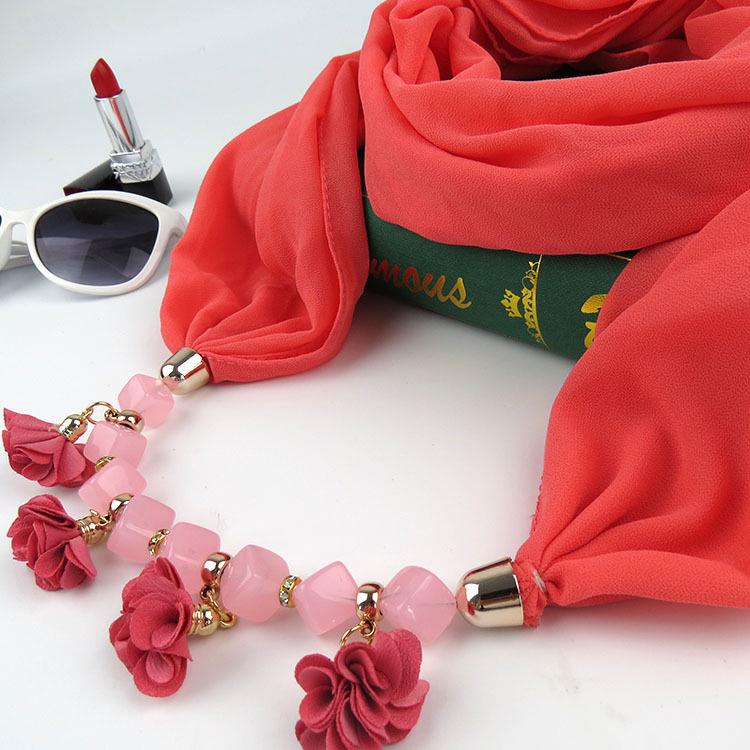 Women Printed Chiffon Ring Scarf Hijabs Multi-style Jewelry Necklace Flower Pendant Scarf Lady Apparel Accessories Wholesale