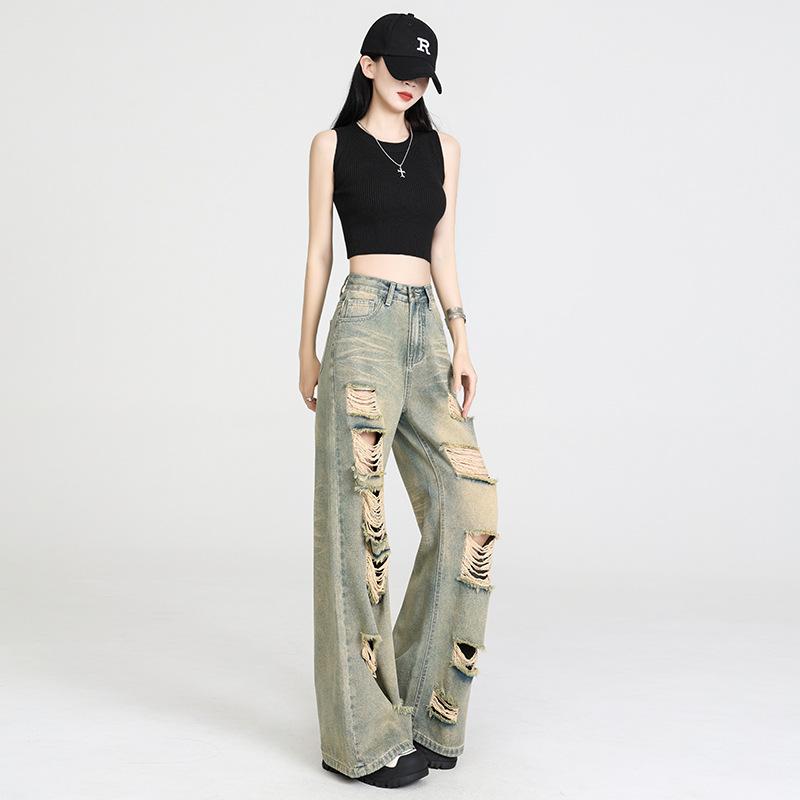 Damen High Waist Ripped Wide Leg Jeans Lässige Denim Hose Baggy Hose Bottom