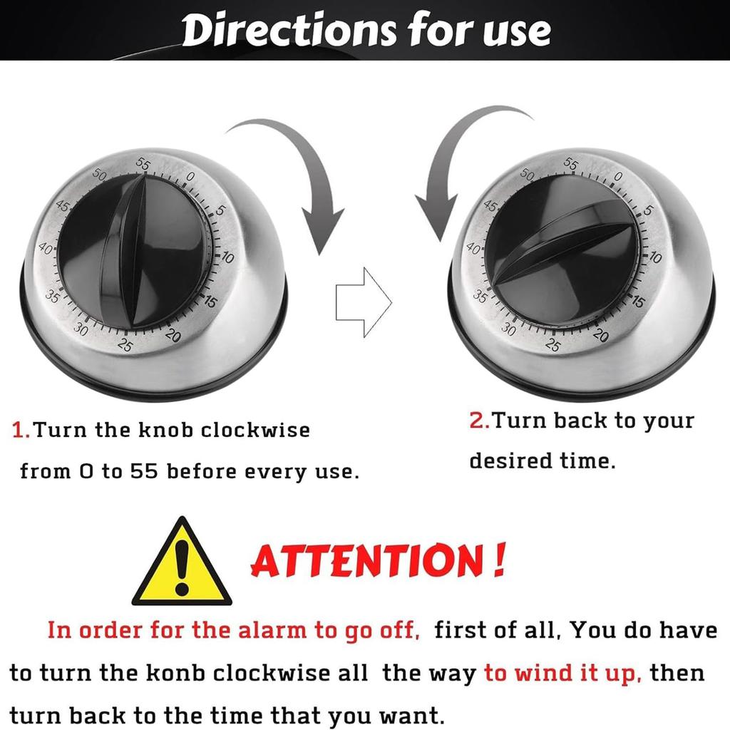Stainless Steel Kitchen Timer 60 Minute Wind Up Black Round Shape for Cooking Baking Study Nursing Reminder No Battery Required