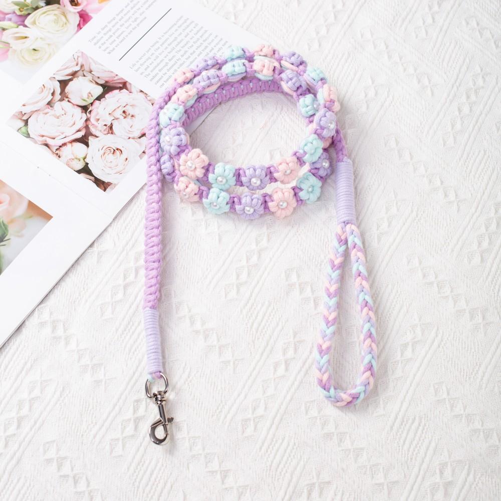 59 Inch Soft Cotton Rope Lead,Handmade Braided Dog Leash with Flowers for Small & Medium Dogs, All-Season for Walking, Training, Pet Accessories
