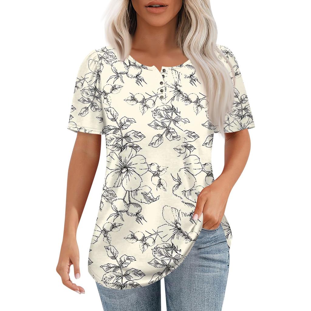 טופ פולובר אופנתי לנשים עם שרוולים קצרים, כפתורים, הדפס פרחוני, צווארון עגול