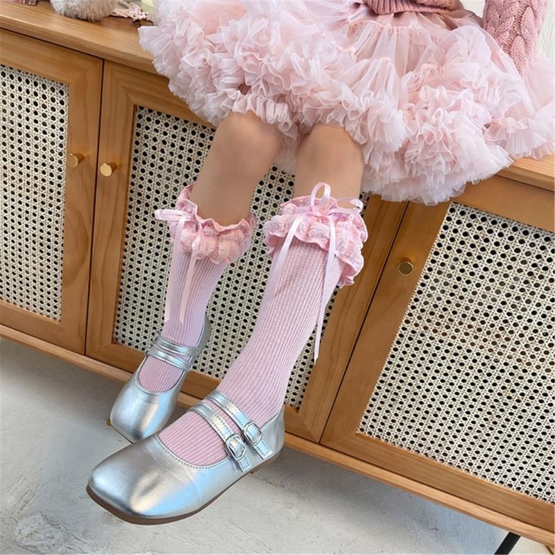 Breathable Cotton Hosiery Socks for Girls Toddler Stretchy Knee High Socks Puff Edge Lace Bows Socks for Autumn Spring
