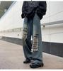 Luo PuLe Men's Distressed Denim Long Pants, Stretch Denim Wide-Leg Pants, Loose Fit Jeans, Goose-Pant Style, Straight Leg Denim Pants, Blue, Size L