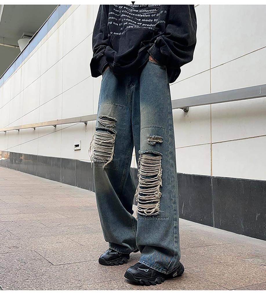 Luo PuLe Men's Distressed Denim Long Pants, Stretch Denim Wide-Leg Pants, Loose Fit Jeans, Goose-Pant Style, Straight Leg Denim Pants, Blue, Size L