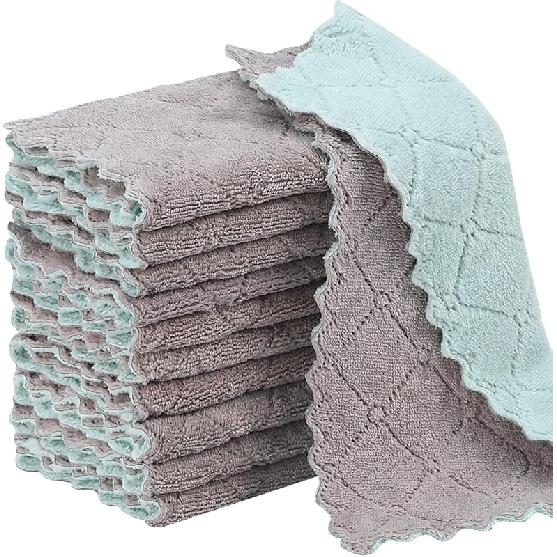 Rachan 11Pack Kitchen Dish Cloths, Reusable Dish Towels, Nonstick Oil Washable Fast Drying, Super Absorbent Coral Velvet Cleaning Cloths for Cleaning Green-grey11