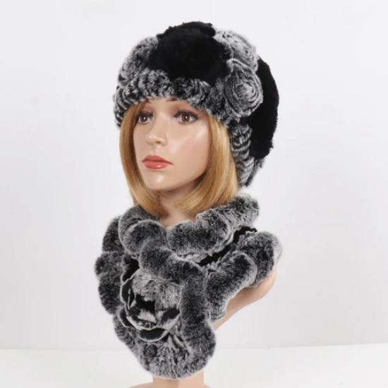Нові Жіночі Зимові Хутряні Шапки Шарфи Набори Натуральні Теплі Справжні Шапки з Хутра Кролика Рекс Шарфи Леді В'язані Шапки з Натурального Хутра Шарф