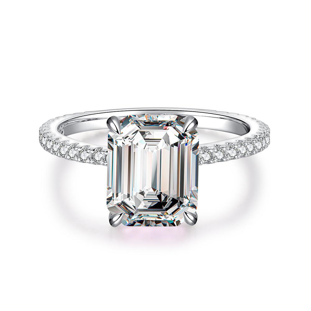 Aquamarine Emerald-Cut Ring In 925 Sterling Silver with Pave Diamonds, Plated In PT950 Gold.