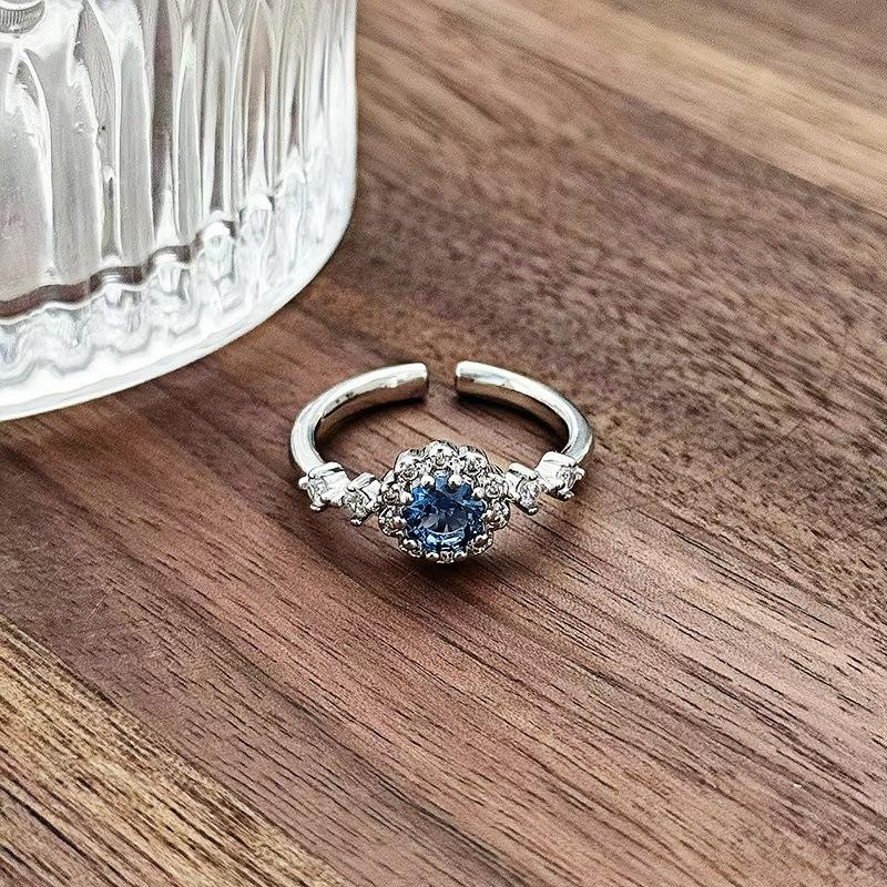 Sweet Light Luxury Sea Blue Zircon Super Flash Open Ring Niche High-End Feeling Stacking Wearing Colored Treasure Ring Woman