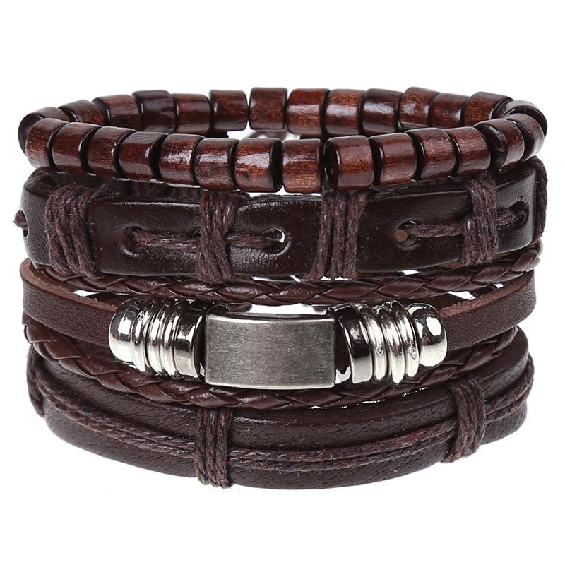 Retro Woven Cowhide Leather Men's Bracelet Set - European & American Handmade DIY Knot