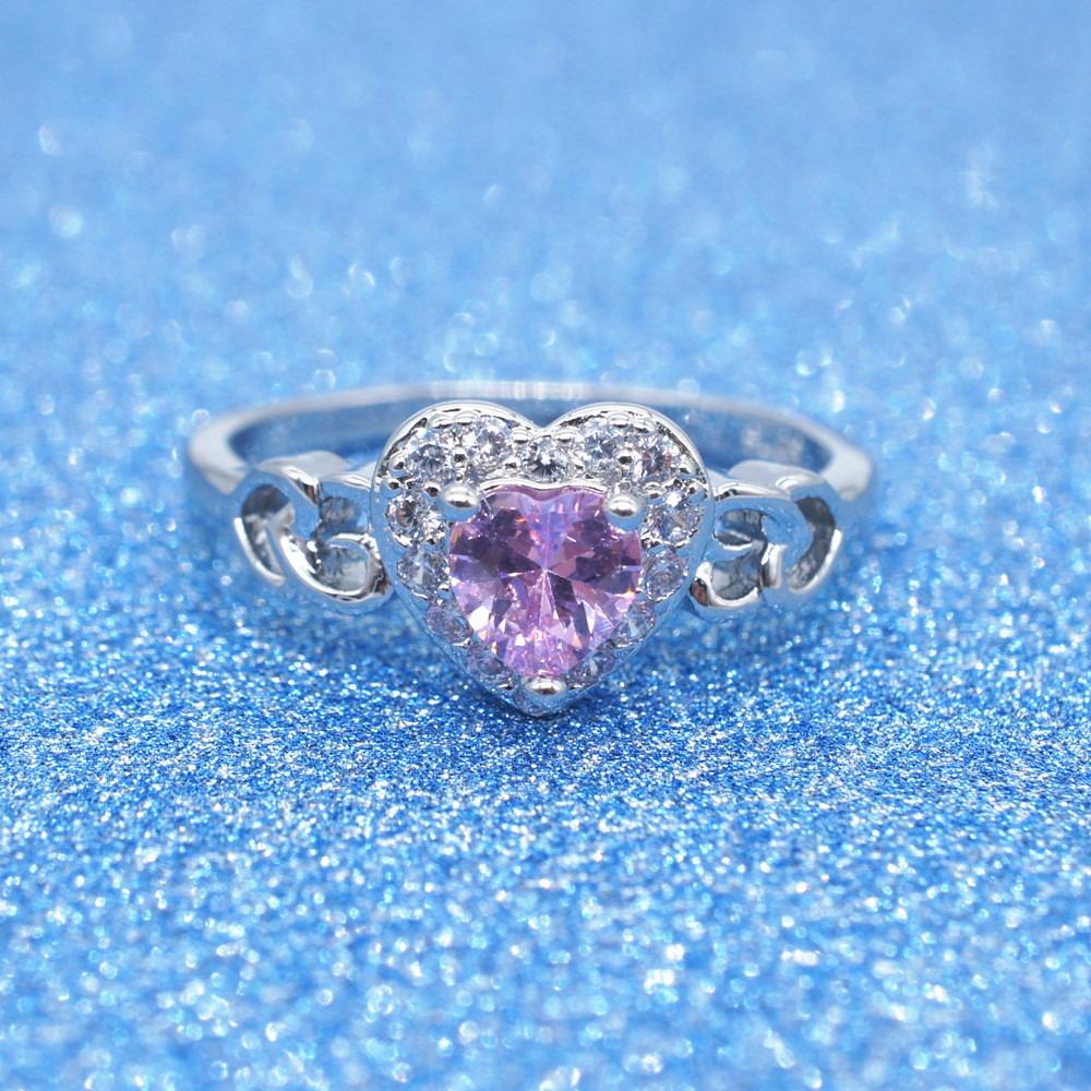 Heart Shaped Pink Zircon Crystal Micro Pave Ring Silver White Gold Plated Jewelry for Women