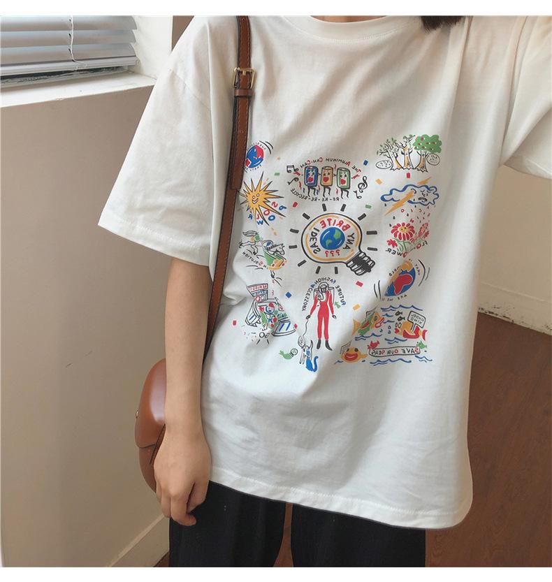 

White short-sleeved T-shirt women s summer new Korean loose-print student versatile top and clothing women M белый