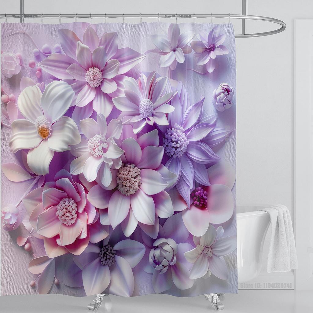 3D Red Floral Shower Curtain Set Pink Flower Design Fabric Bathroom Decor Waterproof Washable Shower Curtain Set with Hooks