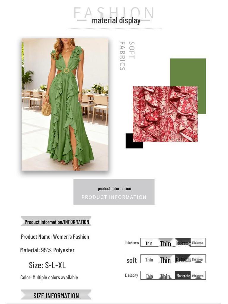 European and American Spring 2026 Women's Elegant Floral Deep V Cut-Out Waist Dress