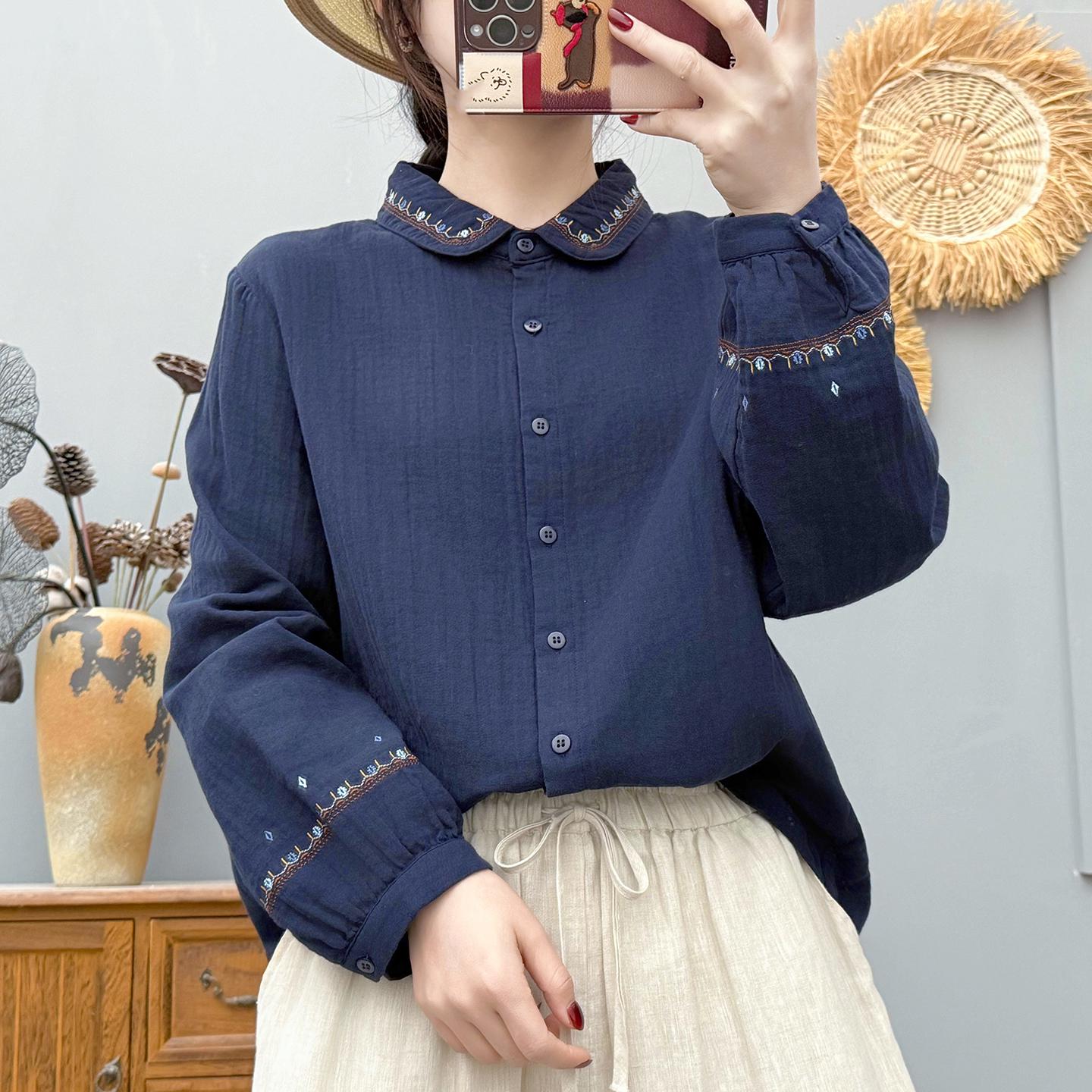 

Women s Embroidered Cotton Gauze Shirt - Long Sleeve, Chinese Style, Skin-Friendly, Soft Pure Cotton Collar Top M (recommended for 100-125 jin)