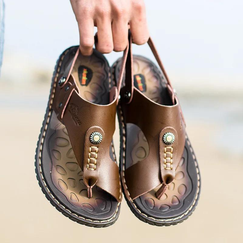 Fashion Big Size 47 Men Leather Sandals Summer Classic Men Shoes Slippers Soft Sandals Men Roman Comfortable Outdoor Walking Footwear