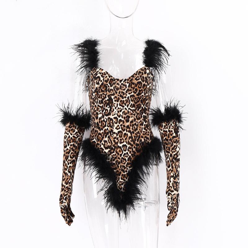 Fashion Sexy Leopard Print Casual Slim Beach Jumpsuit Bodysuit Feather Sleeveless SuitWomen With Gloves Jumper Body Suit Women