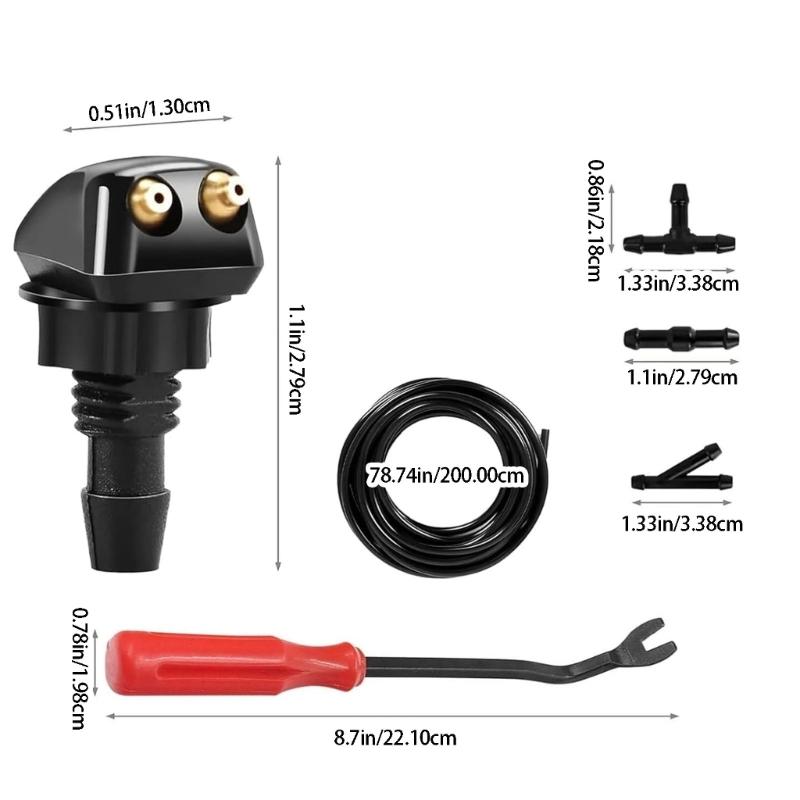 Two-Jet Windshield Washer Nozzle Kit with Adjustable Washer Heads, Hose and Fitting Pieces for Vehicle Washer Replacement Maintenance